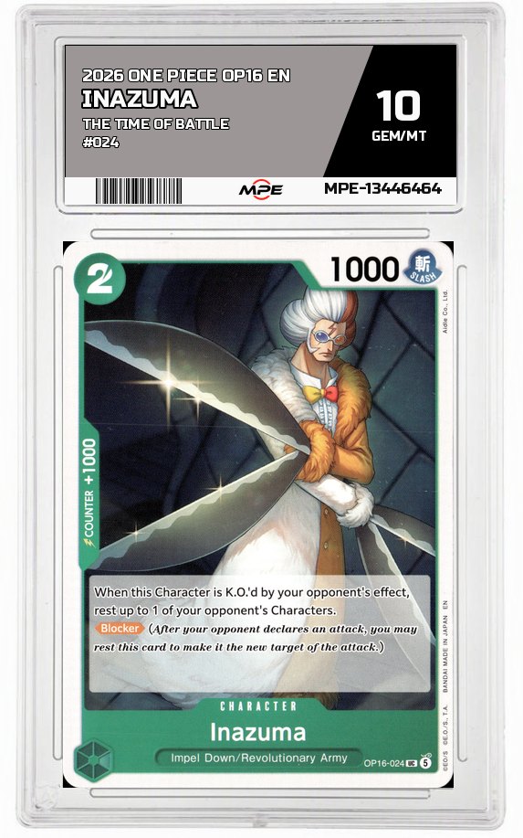 2026 ONE PIECE OP16 EN The Time of Battle #024 INAZUMA MPE 10 GEM/MT — graded card auctioned from the MPE vault