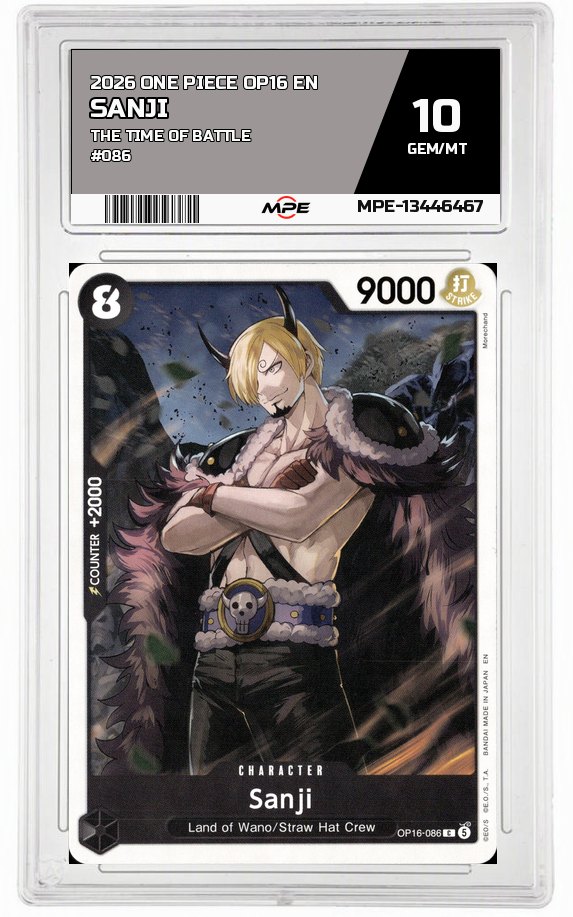 2026 ONE PIECE OP16 EN The Time of Battle #086 SANJI MPE 10 GEM/MT — graded card auctioned from the MPE vault