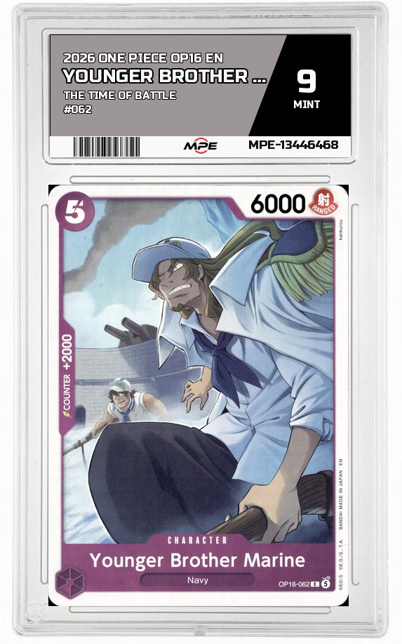 2026 ONE PIECE OP16 EN The Time of Battle #062 YOUNGER BROTHER MARINE MPE 9 MINT — graded card auctioned from the MPE vault