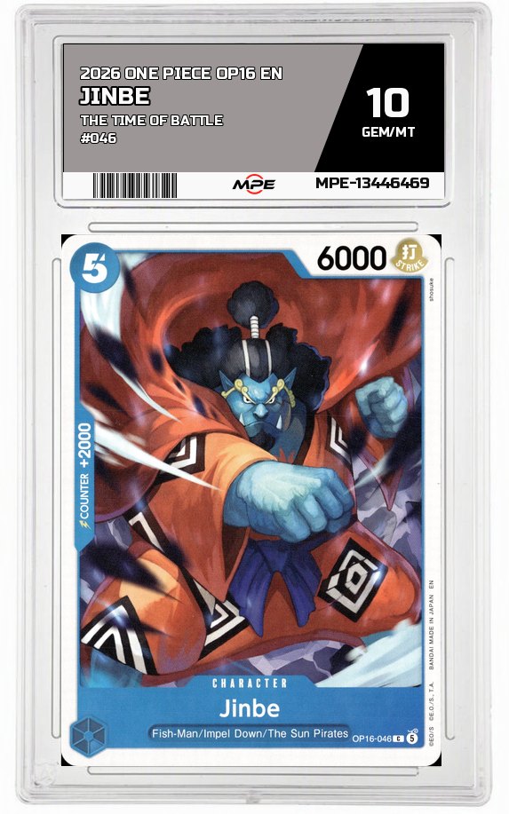 2026 ONE PIECE OP16 EN The Time of Battle #046 JINBE MPE 10 GEM/MT — graded card auctioned from the MPE vault