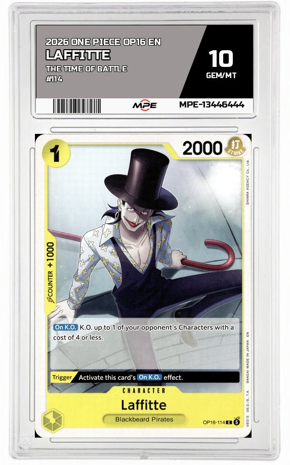 2026 ONE PIECE OP16 EN The Time of Battle #114 LAFFITTE MPE 10 GEM/MT — graded card auctioned from the MPE vault