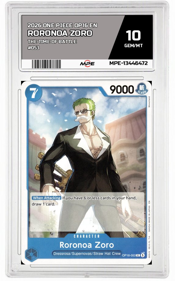 2026 ONE PIECE OP16 EN The Time of Battle #053 RORONOA ZORO MPE 10 GEM/MT — graded card auctioned from the MPE vault