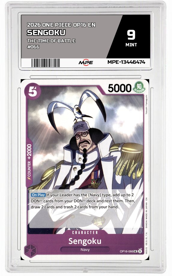 2026 ONE PIECE OP16 EN The Time of Battle #066 SENGOKU MPE 9 MINT — graded card auctioned from the MPE vault