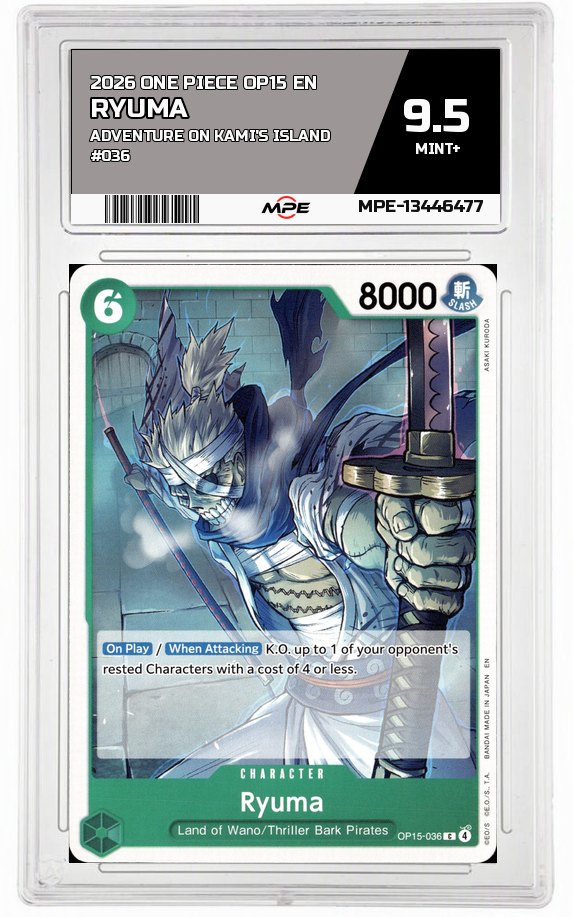 2026 ONE PIECE OP15 EN Adventure on Kami's Island #036 RYUMA MPE 9.5 MINT+ — graded card auctioned from the MPE vault