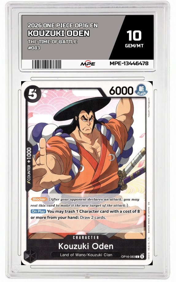2026 ONE PIECE OP16 EN The Time of Battle #083 KOUZUKI ODEN MPE 10 GEM/MT — graded card auctioned from the MPE vault