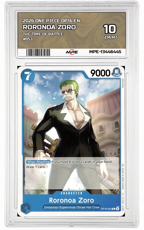 2026 ONE PIECE OP16 EN The Time of Battle #053 RORONOA ZORO MPE 10 GEM/MT — graded card auctioned from the MPE vault