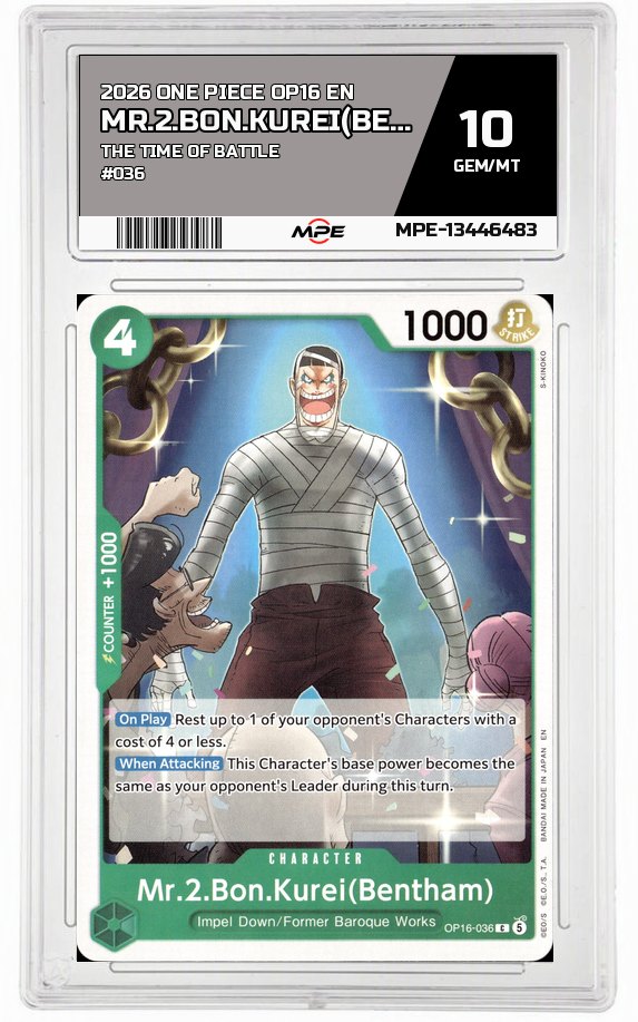 2026 ONE PIECE OP16 EN The Time of Battle #036 MR.2.BON.KUREI(BENTHAM) MPE 10 GEM/MT — graded card auctioned from the MPE vault
