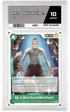 2026 ONE PIECE OP16 EN The Time of Battle #036 MR.2.BON.KUREI(BENTHAM) MPE 10 GEM/MT — graded card up for auction