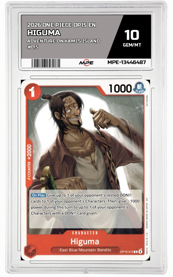 2026 ONE PIECE OP15 EN Adventure on Kami's Island #015 HIGUMA MPE 10 GEM/MT — graded card auctioned from the MPE vault