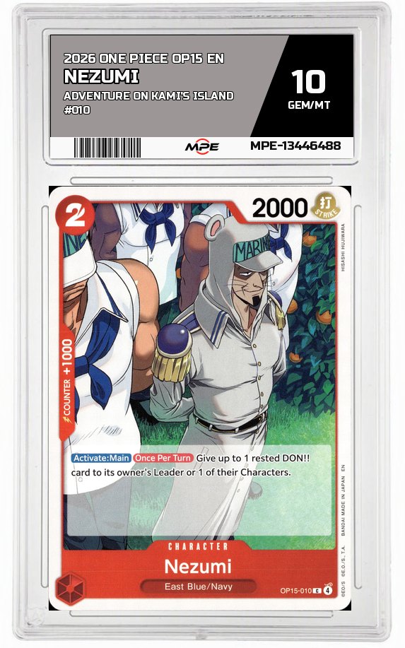 2026 ONE PIECE OP15 EN Adventure on Kami's Island #010 NEZUMI MPE 10 GEM/MT — graded card auctioned from the MPE vault