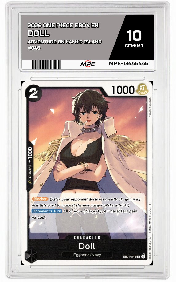 2026 ONE PIECE EB04 EN ADVENTURE ON KAMI'S ISLAND #046 DOLL MPE 10 GEM/MT — graded card auctioned from the MPE vault