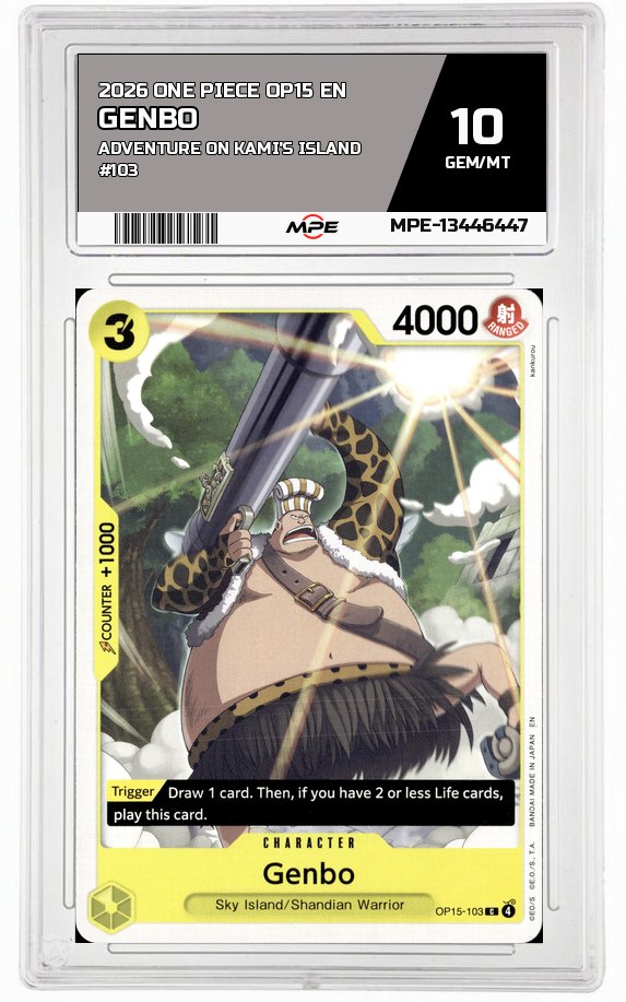 2026 ONE PIECE OP15 EN Adventure on Kami's Island #103 GENBO MPE 10 GEM/MT — graded card auctioned from the MPE vault