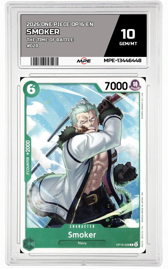 2026 ONE PIECE OP16 EN The Time of Battle #028 SMOKER MPE 10 GEM/MT — graded card auctioned from the MPE vault