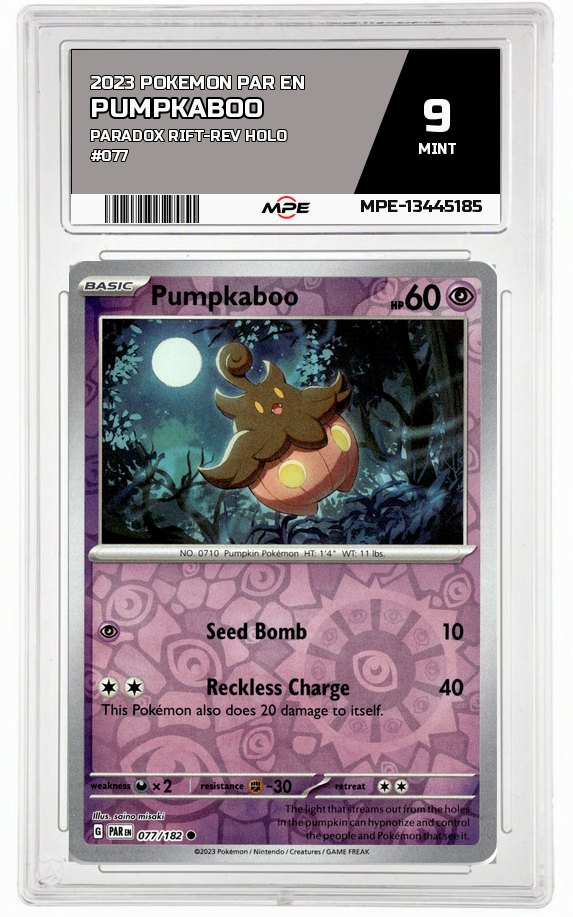 2023 POKEMON PAR EN Paradox Rift-REV HOLO #077 Pumpkaboo MPE 9 MINT — graded card auctioned from the MPE vault