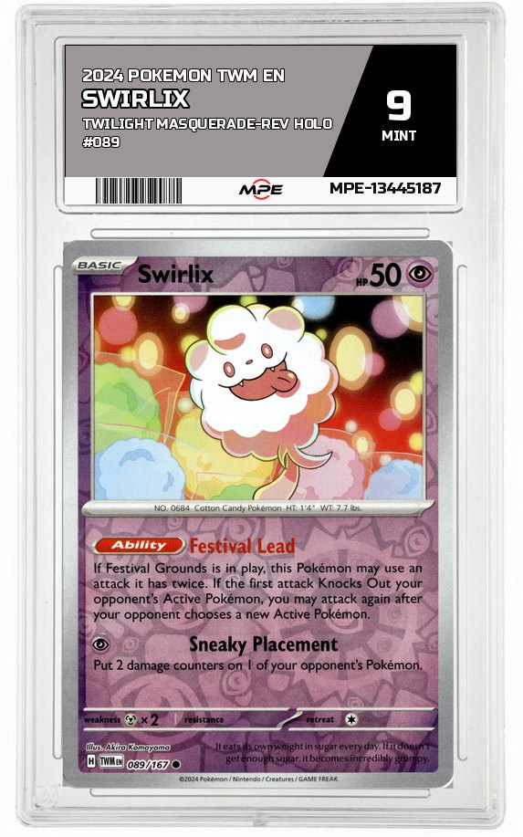 2024 POKEMON TWM EN Twilight Masquerade-REV HOLO #089 Swirlix MPE 9 MINT — graded card auctioned from the MPE vault