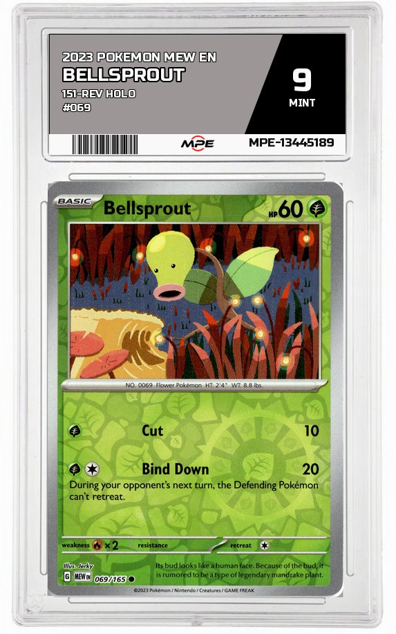 2023 POKEMON MEW EN 151-REV HOLO #069 Bellsprout MPE 9 MINT — graded card auctioned from the MPE vault