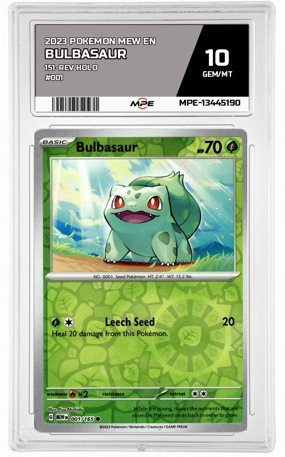 2023 POKEMON MEW EN 151-REV HOLO #001 Bulbasaur MPE 10 GEM/MT — graded card auctioned from the MPE vault