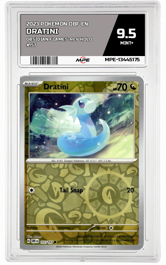 2023 POKEMON OBF EN Obsidian Flames-REV HOLO #157 DRATINI MPE 9.5 MINT+ — graded card auctioned from the MPE vault