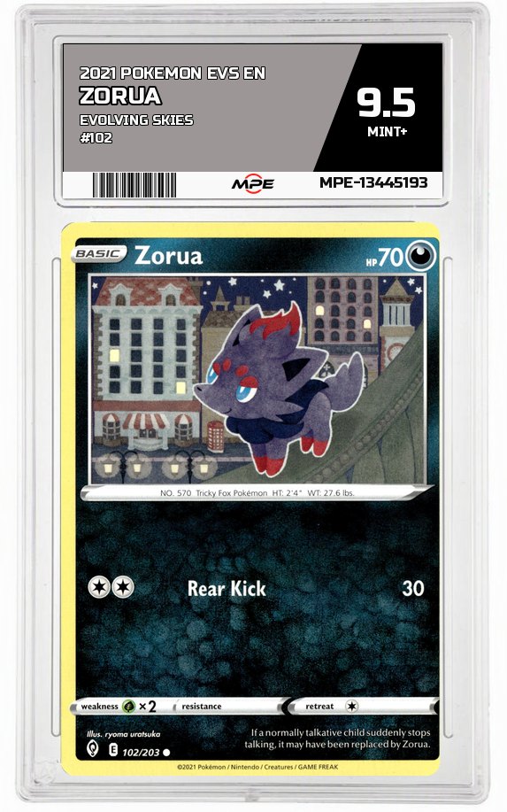 2021 POKEMON EVS EN Evolving Skies #102 Zorua MPE 9.5 MINT+ — graded card auctioned from the MPE vault