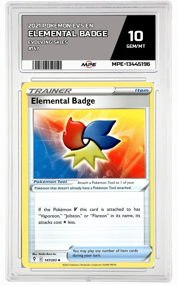 2021 POKEMON EVS EN Evolving Skies #147 Elemental Badge MPE 10 GEM/MT — graded card auctioned from the MPE vault