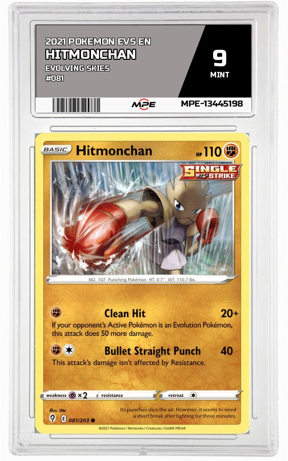 2021 POKEMON EVS EN Evolving Skies #081 Hitmonchan MPE 9 MINT — graded card auctioned from the MPE vault