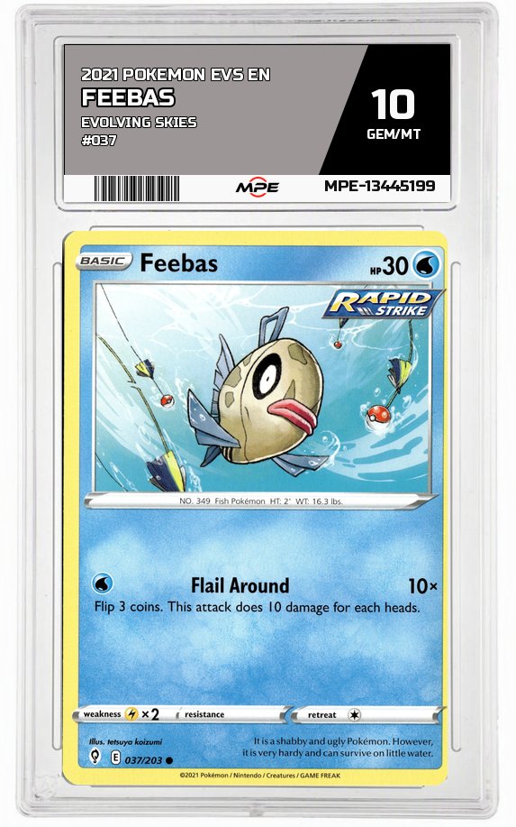 2021 POKEMON EVS EN Evolving Skies #037 Feebas MPE 10 GEM/MT — graded card auctioned from the MPE vault