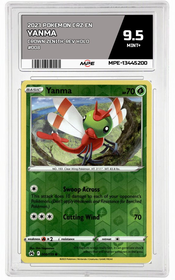 2023 POKEMON CRZ EN Crown Zenith-REV HOLO #008 Yanma MPE 9.5 MINT+ — graded card auctioned from the MPE vault