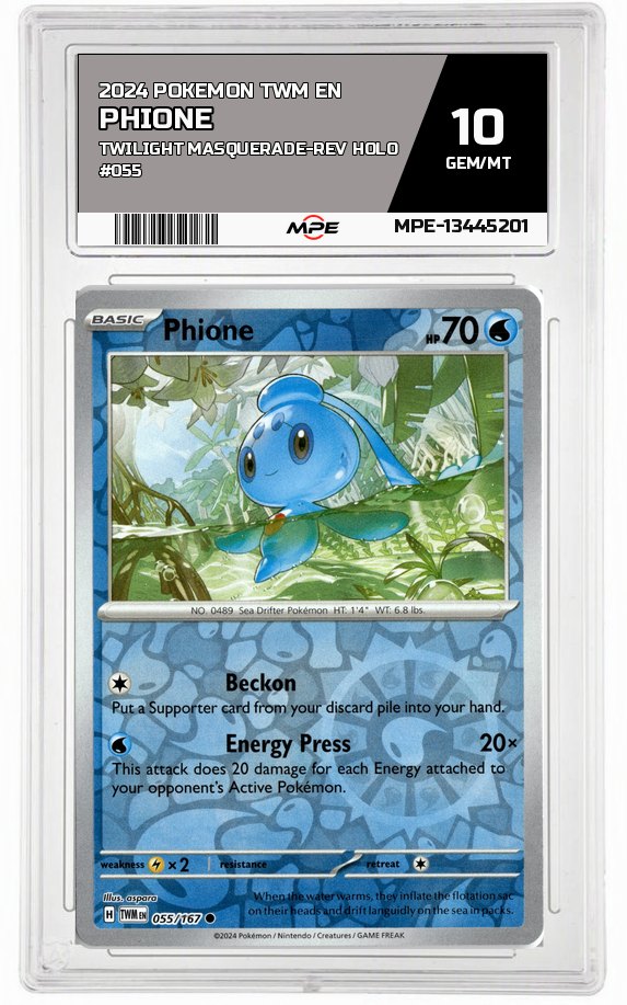 2024 POKEMON TWM EN Twilight Masquerade-REV HOLO #055 PHIONE MPE 10 GEM/MT — graded card auctioned from the MPE vault