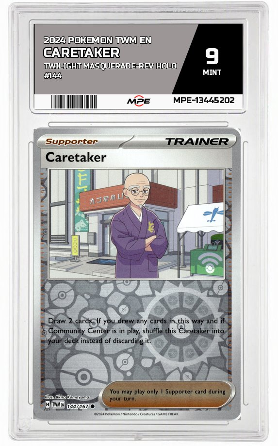 2024 POKEMON TWM EN Twilight Masquerade-REV HOLO #144 Caretaker MPE 9 MINT — graded card auctioned from the MPE vault