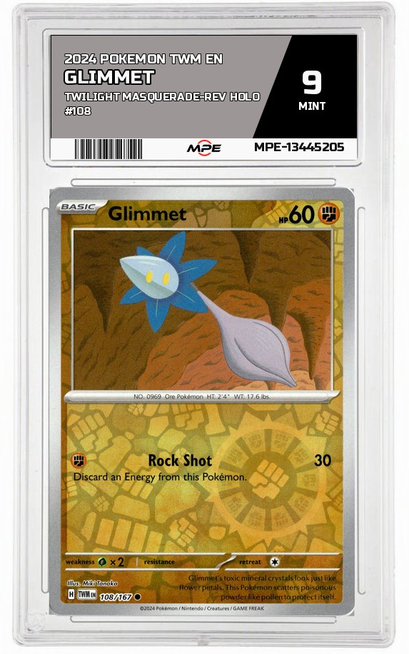 2024 POKEMON TWM EN Twilight Masquerade-REV HOLO #108 GLIMMET MPE 9 MINT — graded card auctioned from the MPE vault