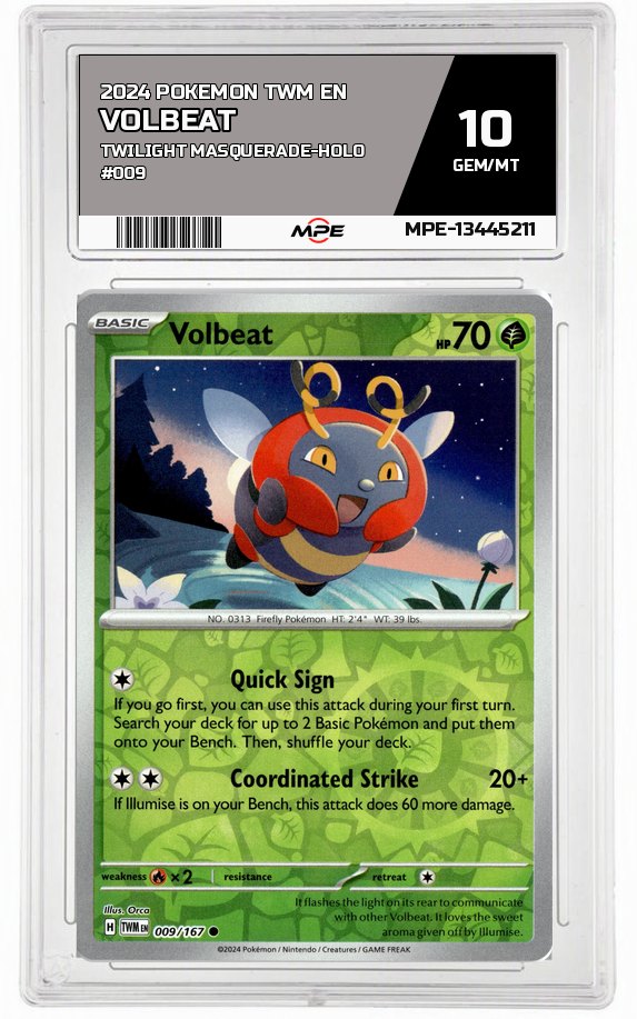 2024 POKEMON TWM EN Twilight Masquerade-HOLO #009 VOLBEAT MPE 10 GEM/MT — graded card auctioned from the MPE vault