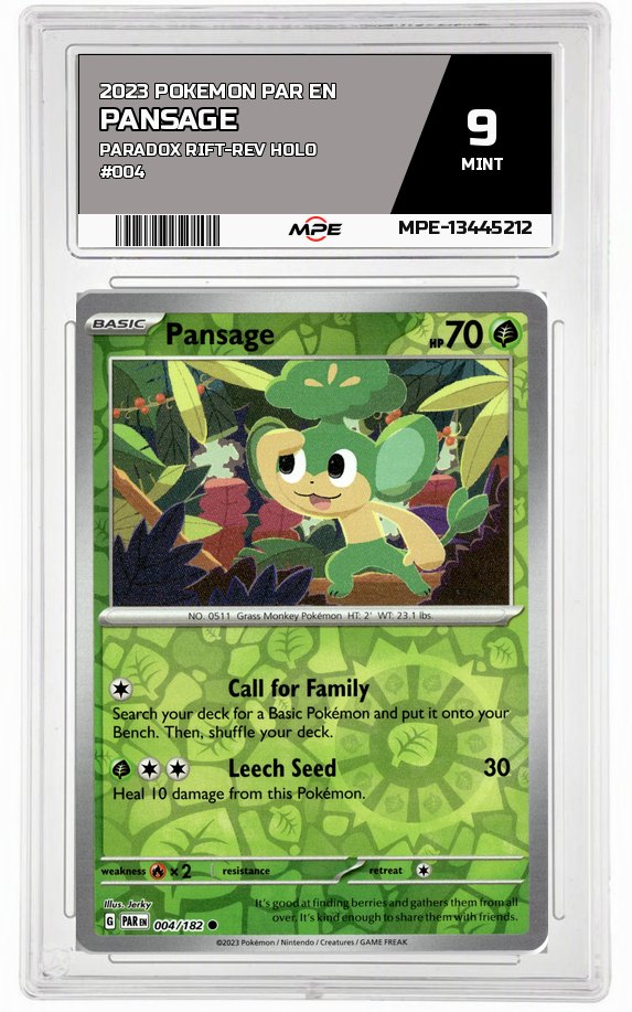 2023 POKEMON PAR EN Paradox Rift-REV HOLO #004 Pansage MPE 9 MINT — graded card auctioned from the MPE vault