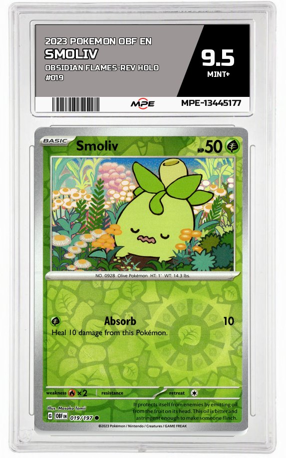 2023 POKEMON OBF EN Obsidian Flames-REV HOLO #019 SMOLIV MPE 9.5 MINT+ — graded card auctioned from the MPE vault