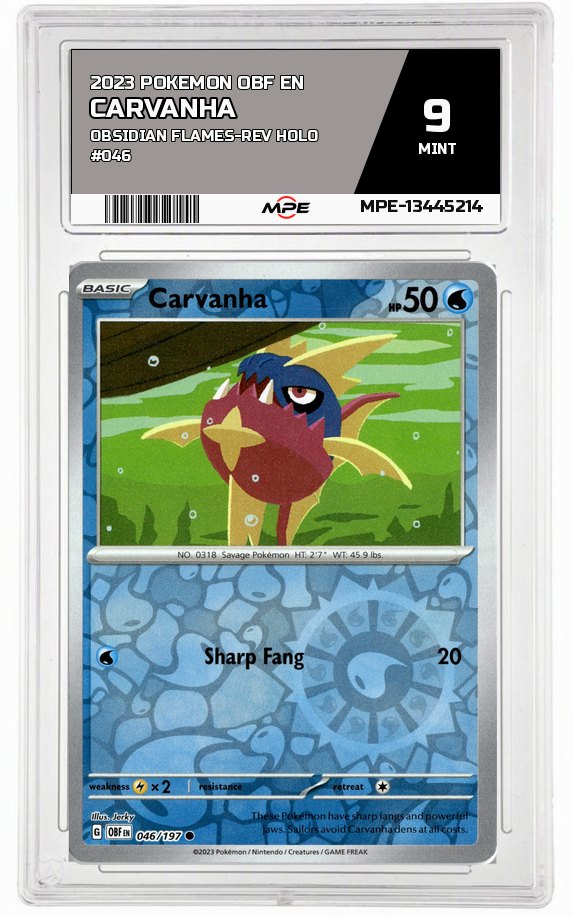 2023 POKEMON OBF EN Obsidian Flames-REV HOLO #046 CARVANHA MPE 9 MINT — graded card auctioned from the MPE vault