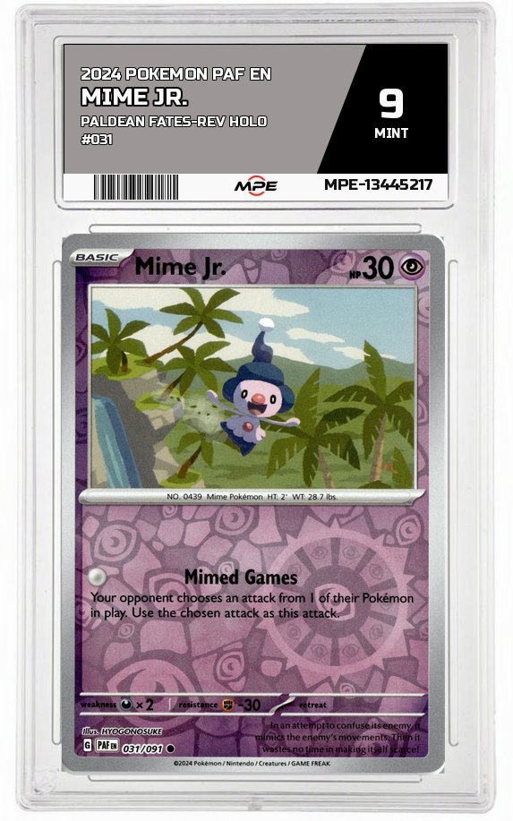 2024 POKEMON PAF EN Paldean Fates-REV HOLO #031 Mime Jr. MPE 9 MINT — graded card auctioned from the MPE vault