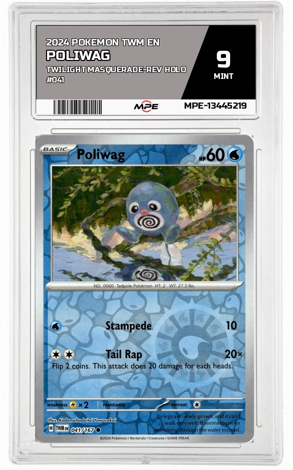 2024 POKEMON TWM EN Twilight Masquerade-REV HOLO #041 Poliwag MPE 9 MINT — graded card auctioned from the MPE vault