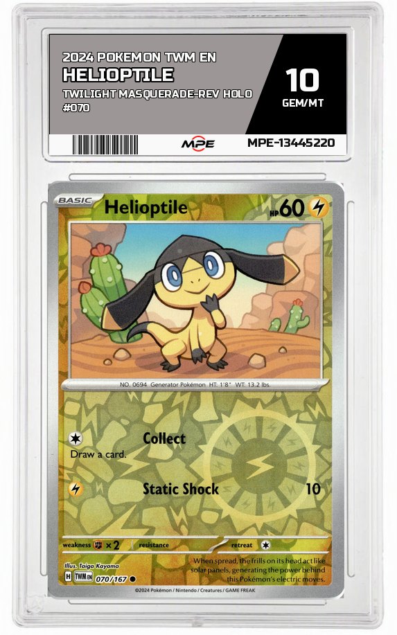 2024 POKEMON TWM EN Twilight Masquerade-REV HOLO #070 Helioptile MPE 10 GEM/MT — graded card auctioned from the MPE vault