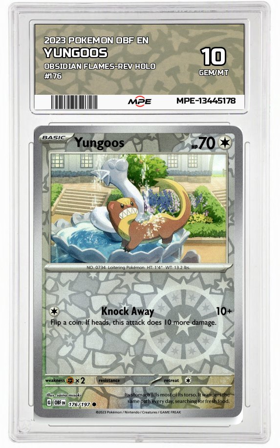 2023 POKEMON OBF EN Obsidian Flames-REV HOLO #176 Yungoos MPE 10 GEM/MT — graded card auctioned from the MPE vault