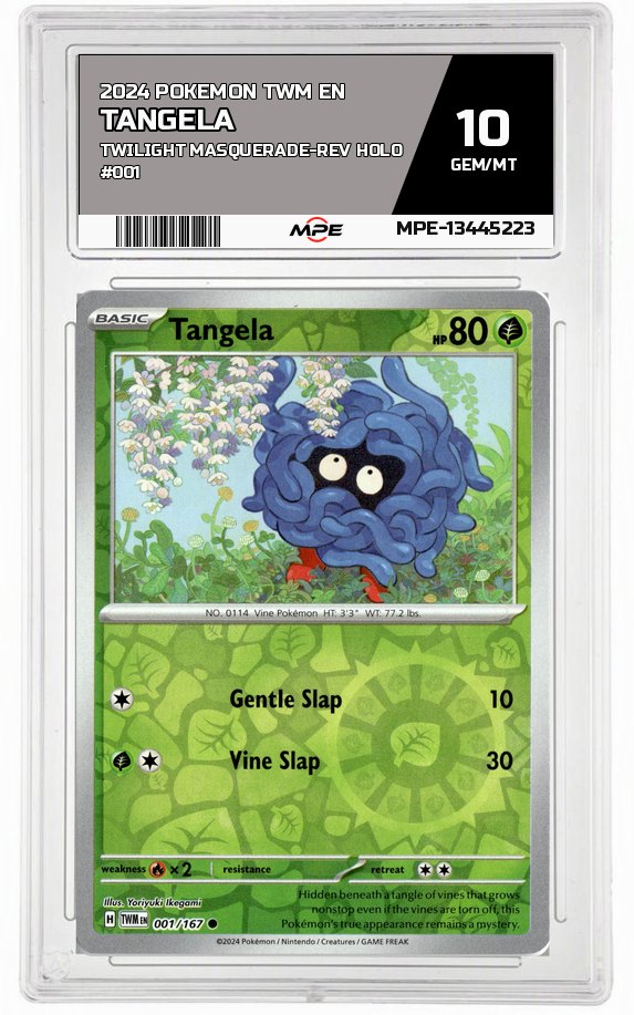 2024 POKEMON TWM EN Twilight Masquerade-REV HOLO #001 Tangela MPE 10 GEM/MT — graded card auctioned from the MPE vault