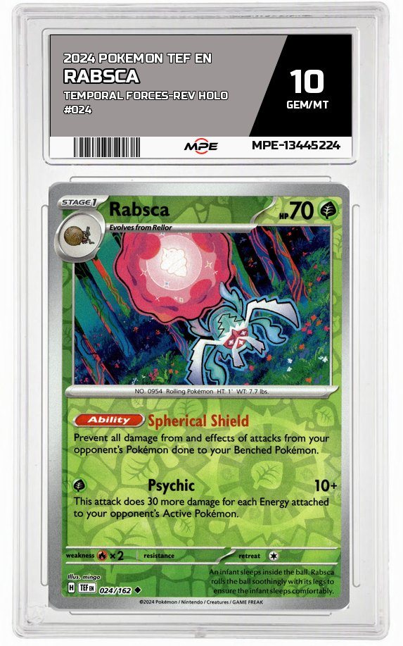 2024 POKEMON TEF EN Temporal Forces-REV HOLO #024 RABSCA MPE 10 GEM/MT — graded card auctioned from the MPE vault