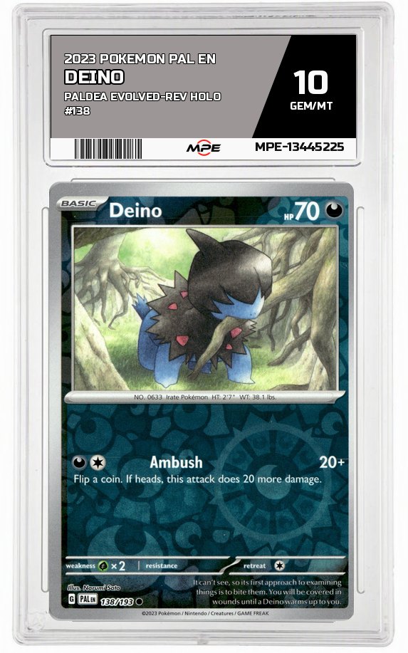 2023 POKEMON PAL EN Paldea Evolved-REV HOLO #138 Deino MPE 10 GEM/MT — graded card auctioned from the MPE vault