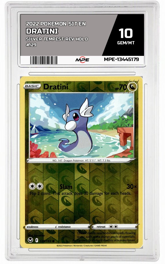 2022 POKEMON SIT EN Silver Tempest-REV HOLO #129 Dratini MPE 10 GEM/MT — graded card auctioned from the MPE vault