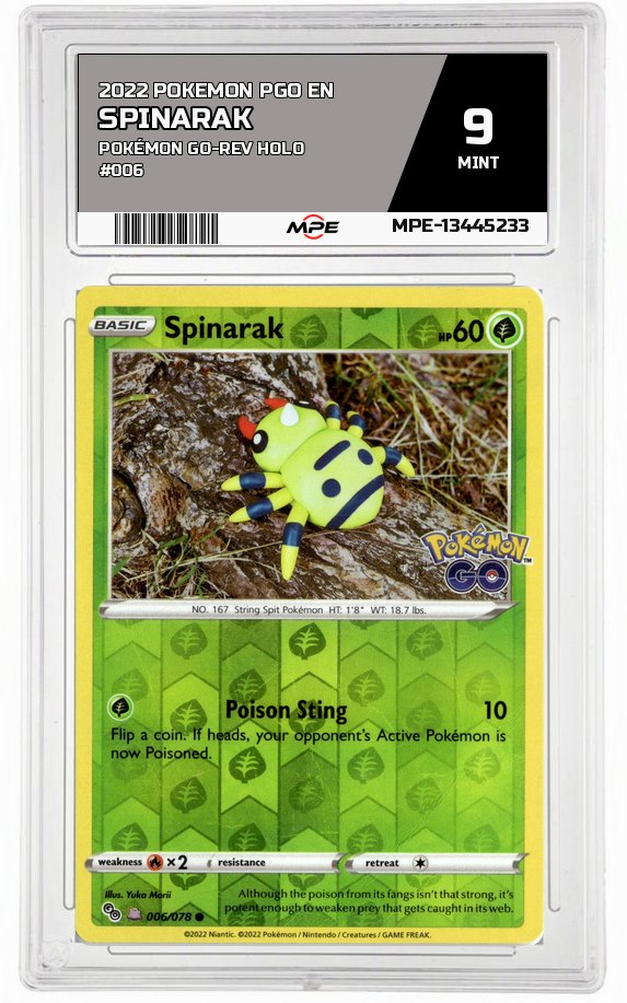 2022 POKEMON PGO EN Pokémon GO-REV HOLO #006 SPINARAK MPE 9 MINT — graded card auctioned from the MPE vault