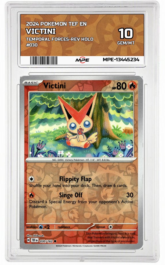 2024 POKEMON TEF EN Temporal Forces-REV HOLO #030 Victini MPE 10 GEM/MT — graded card auctioned from the MPE vault