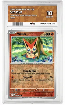 2024 POKEMON TEF EN Temporal Forces-REV HOLO #030 Victini MPE 10 GEM/MT — graded card up for auction