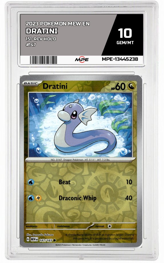 2023 POKEMON MEW EN 151-REV HOLO #147 Dratini MPE 10 GEM/MT — graded card auctioned from the MPE vault