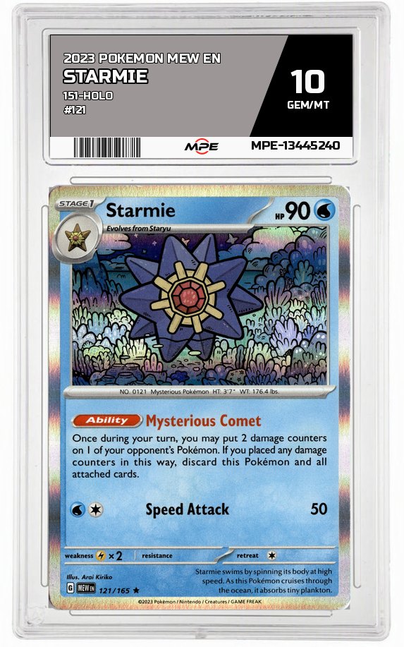 2023 POKEMON MEW EN 151-HOLO #121 STARMIE MPE 10 GEM/MT — graded card auctioned from the MPE vault