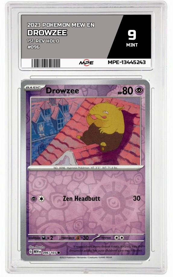 2023 POKEMON MEW EN 151-REV HOLO #096 DROWZEE MPE 9 MINT — graded card auctioned from the MPE vault