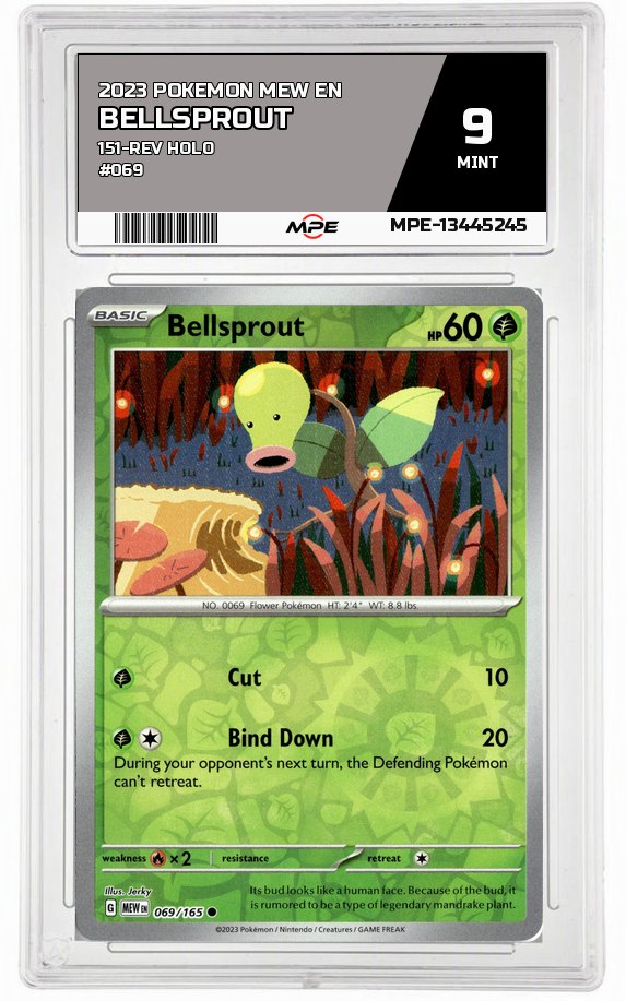 2023 POKEMON MEW EN 151-REV HOLO #069 Bellsprout MPE 9 MINT — graded card auctioned from the MPE vault