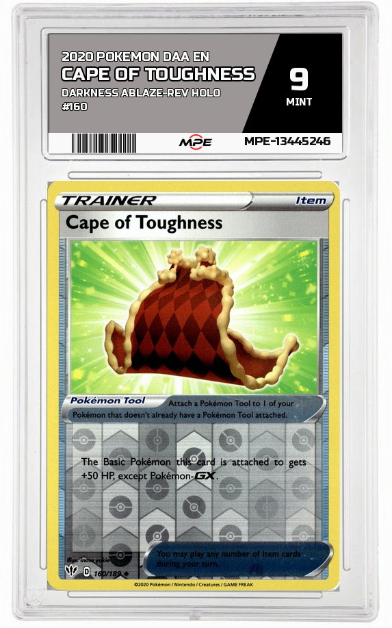 2020 POKEMON DAA EN Darkness Ablaze-REV HOLO #160 Cape of Toughness MPE 9 MINT — graded card auctioned from the MPE vault
